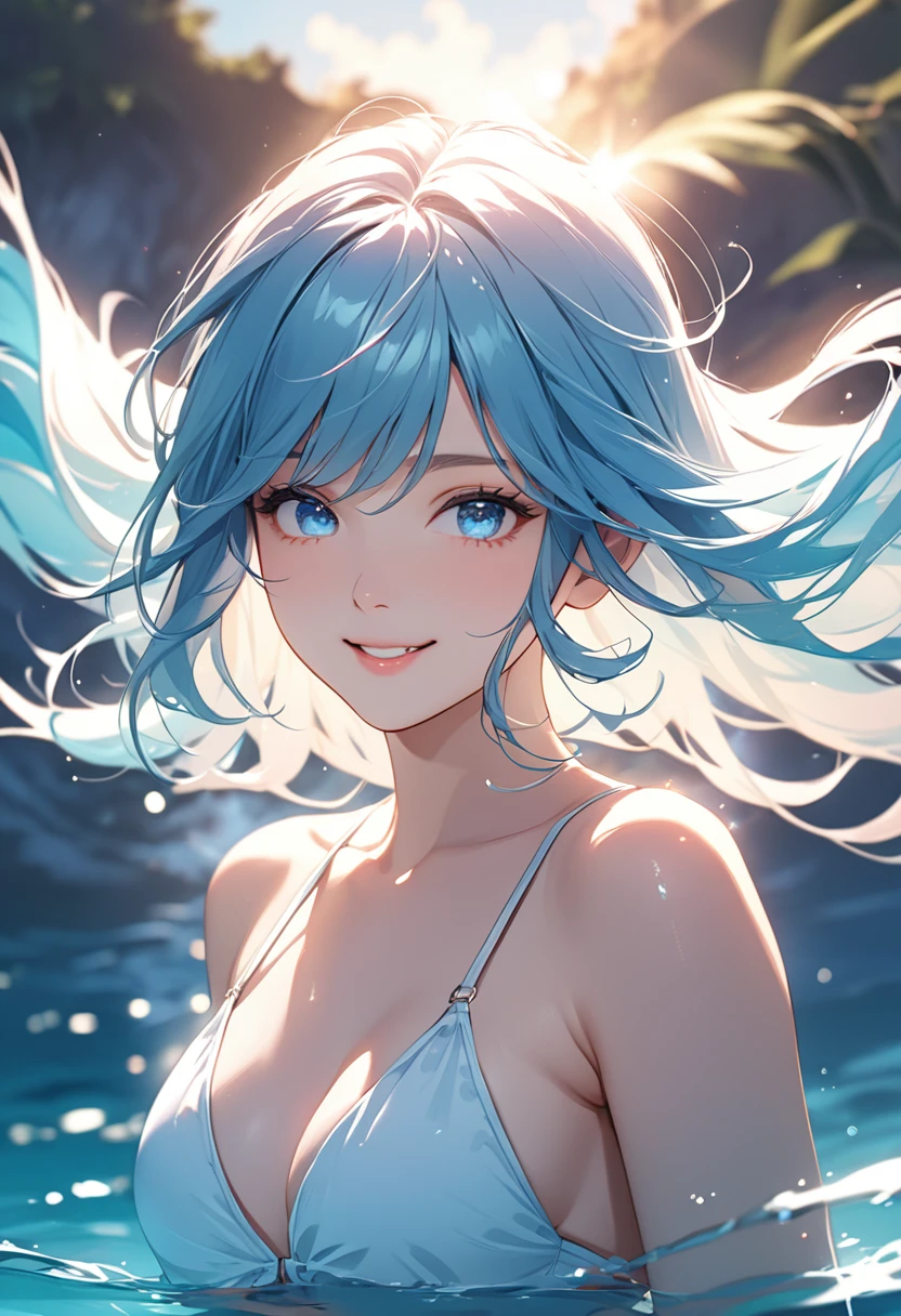 (masterpiece:1.5),(Beat quality),(high res),1girl solo,beautiful face,smile(shining eyes),upper body,light effects,Blue-haired woman in a swimsuit,blue sea,Blue sky,