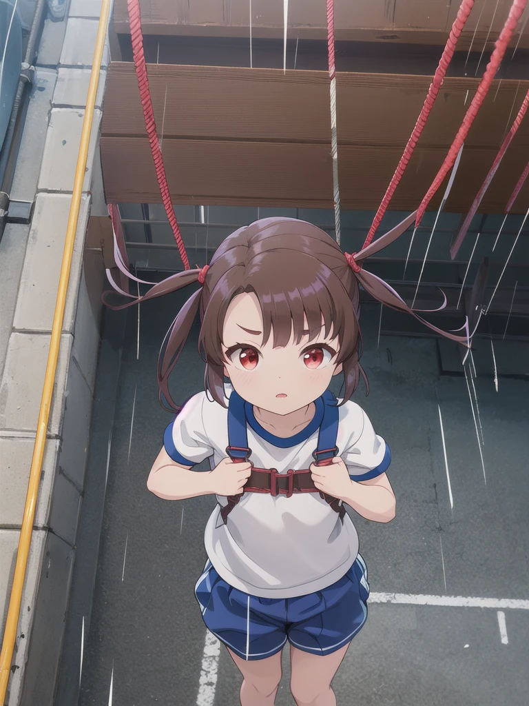 Outdoor,night,rain,Rope climbing to the roof,Raise your arms up,Holding a large brown rope,Hanging on to the rope,White gym clothes,A red full harness over the gym uniform,Red eyes,Long twin tails,Brown Hair,Eyebrows visible through hair,Flat Chest,Looking Up,A view from above,face focus, 