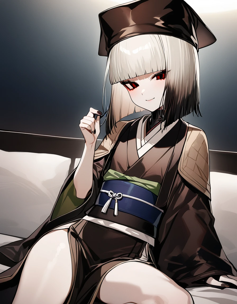 One girl,sen no rikyu \(destiny\), destiny/Grand Order,Iris,Multicolored Hair,Medium Hair ,kimono,kimono,,Have,Black Hat,sash,Tassel,(Flat Chest:1.2),Cowboy Shot,Sitting on the bed,A light smile,‎VIP lounge,at night,masterpiece,Highest quality