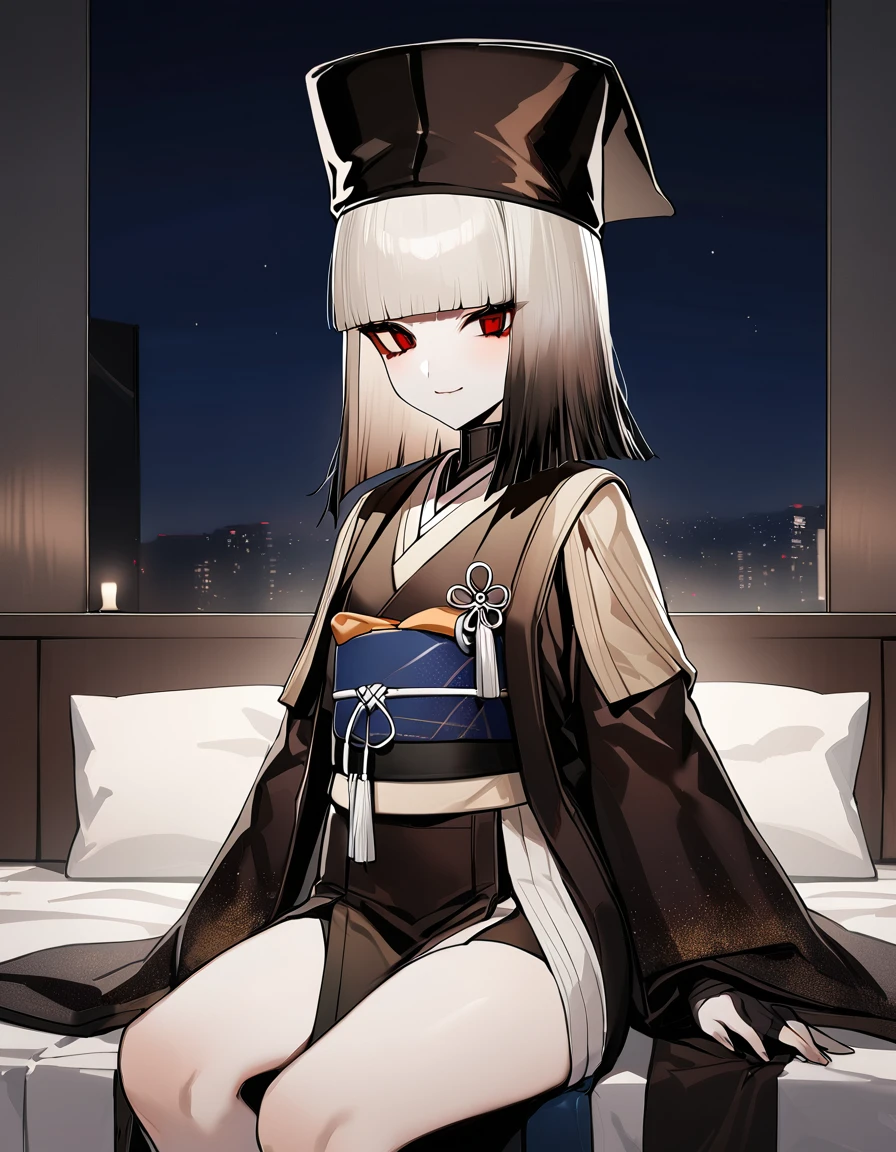 One girl,sen no rikyu \(destiny\), destiny/Grand Order,Iris,Multicolored Hair,Medium Hair ,kimono,kimono,,Have,Black Hat,sash,Tassel,(Flat Chest:1.2),Cowboy Shot,Sitting on the bed,A light smile,‎VIP lounge,at night,masterpiece,Highest quality