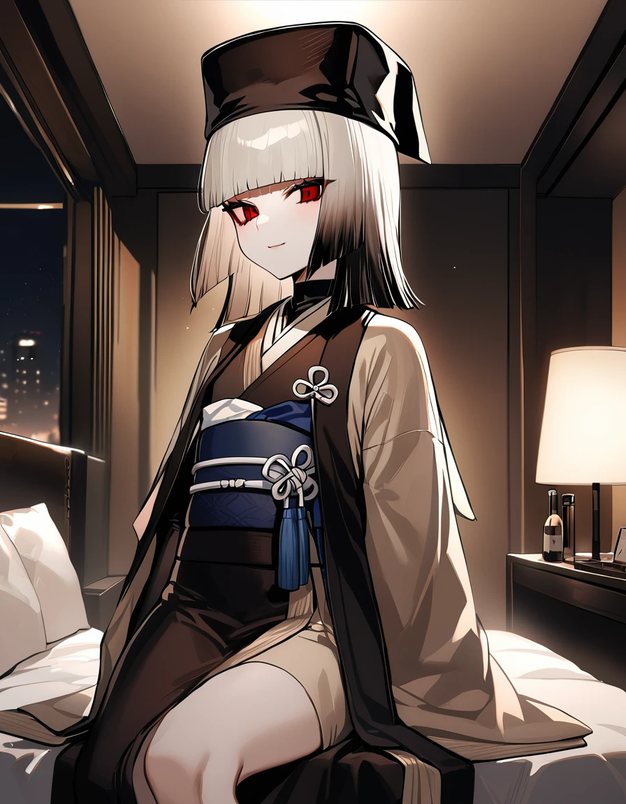 One girl,sen no rikyu \(destiny\), destiny/Grand Order,Iris,Multicolored Hair,Medium Hair ,kimono,kimono,,Have,Black Hat,sash,Tassel,(Flat Chest:1.2),Cowboy Shot,Sitting on the bed,A light smile,‎VIP lounge,at night,masterpiece,Highest quality