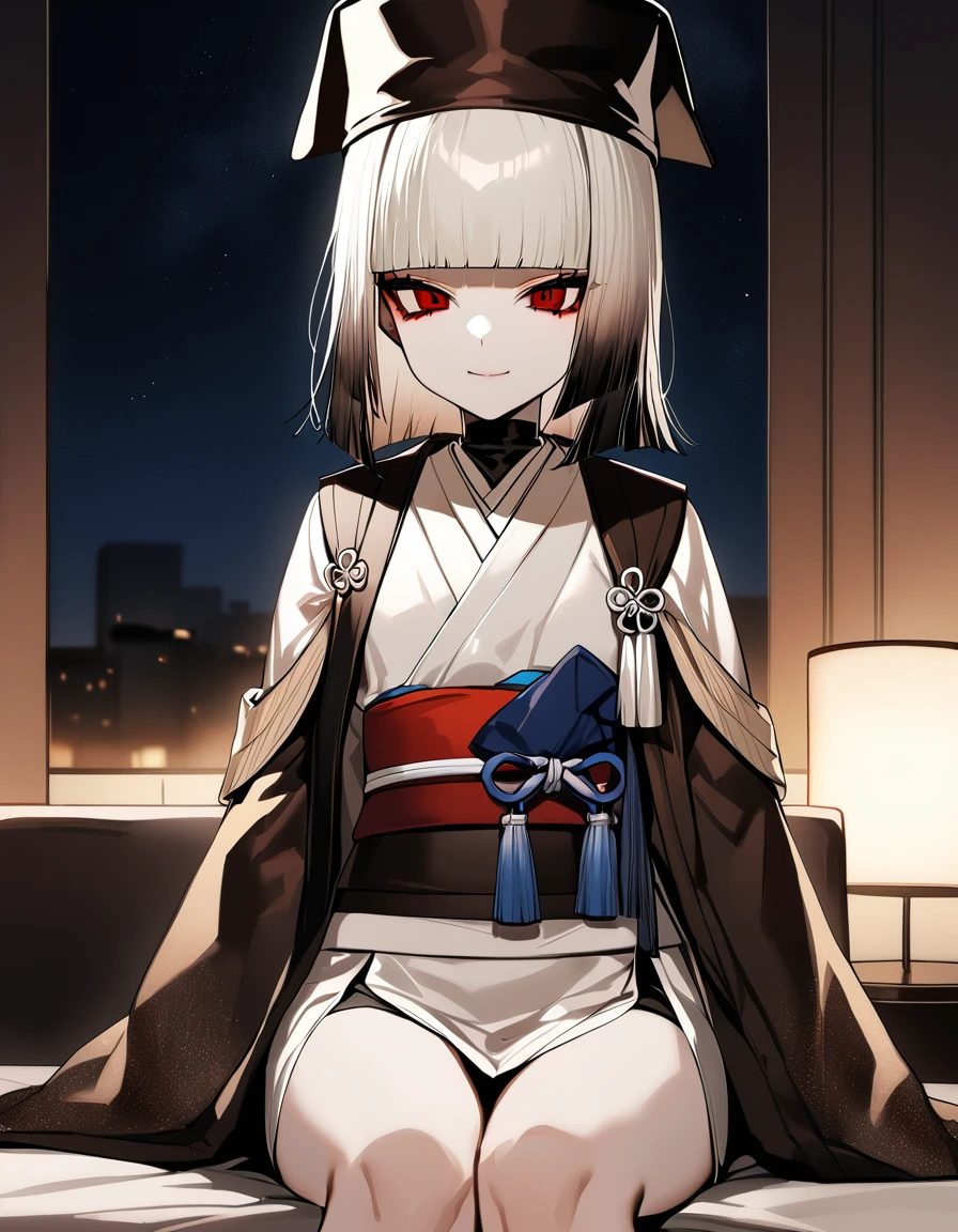 One girl,sen no rikyu \(destiny\), destiny/Grand Order,Iris,Multicolored Hair,Medium Hair ,kimono,kimono,,Have,Black Hat,sash,Tassel,(Flat Chest:1.2),Cowboy Shot,Sitting on the bed,A light smile,‎VIP lounge,at night,masterpiece,Highest quality