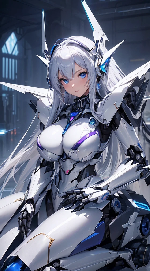 (Sit on one knee on the machine:1.6)、(Full body description:1.3)、((Shining lenses on both breasts:1.3))、((Blue pillars of light are emanating from both chests.:1.3))、smile、((8K)), ((32k)), ((Highest quality)), ((masterpiece)), ((超A high resolution)), ((Tmasterpiece)), ((Halation:1.4))、((Mechaニカルheadgear:1.2))、((Cyber Headphones:1.3))、Fine skin, High quality fabric, Fine metal texture、((Beautiful and dense face))、RAW Photos、Professional, Ultra-fine painting, ((alone)), Beautiful breasts、Highest quality, Very detailed, Very detailed詳細, Finer details, so beautiful, ((Princess Knight Robot:1.2)),  (Joints of machines, Mechanical Limbs:1.3), (The internal structure of the machine is exposed:1.3), (Long silver hair:1.1), (Beautiful and huge mechanical breasts)、White Veil, cowboy_shot, Side Focus, headgear, Shiny、(Five Fingers, Four fingers and thumb),Concept Art, Anime fantasy artwork, Detailed fantasy art, (with pale blue-violet hair and large white wings,,,,,,,), (((Long silver hair))), (Mecha:1.6)、Sleek and intimidating design, ((Commander-in-Chief&#39;arm)), (Perfect robot body)、純白と青紫armまたは, Symmetrical wings, 8K high quality, detailed art, 3D rendering of character art in 8K, neat legs, Defined, Defined fingers,