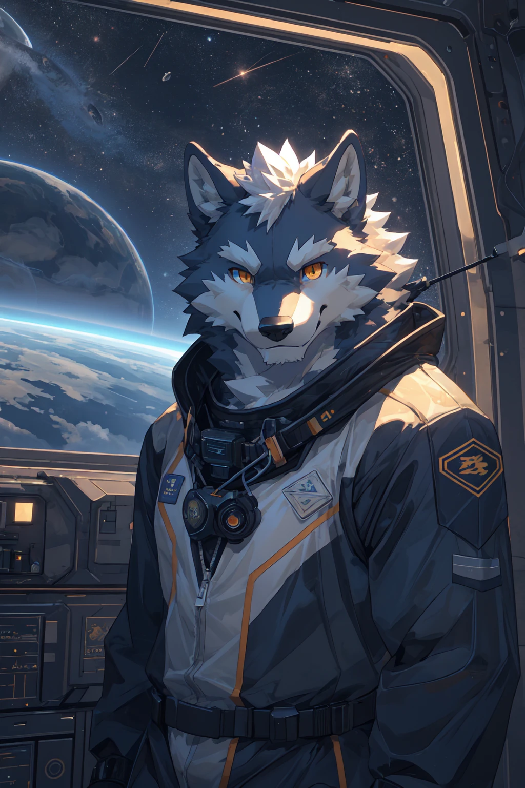 Best quality, Professional, Vivid Colors, Cinematic light, wolf, Muscular male, kemono, by zixiong, Solo, grey Fur, white body, golden eyes, pectorals, (detailed face, detailed eyes:1.5), looking at viewer, smart casual, workwear spacesuit, besides space observation deck, smirking, seductive smile, full body, Ambient Light,