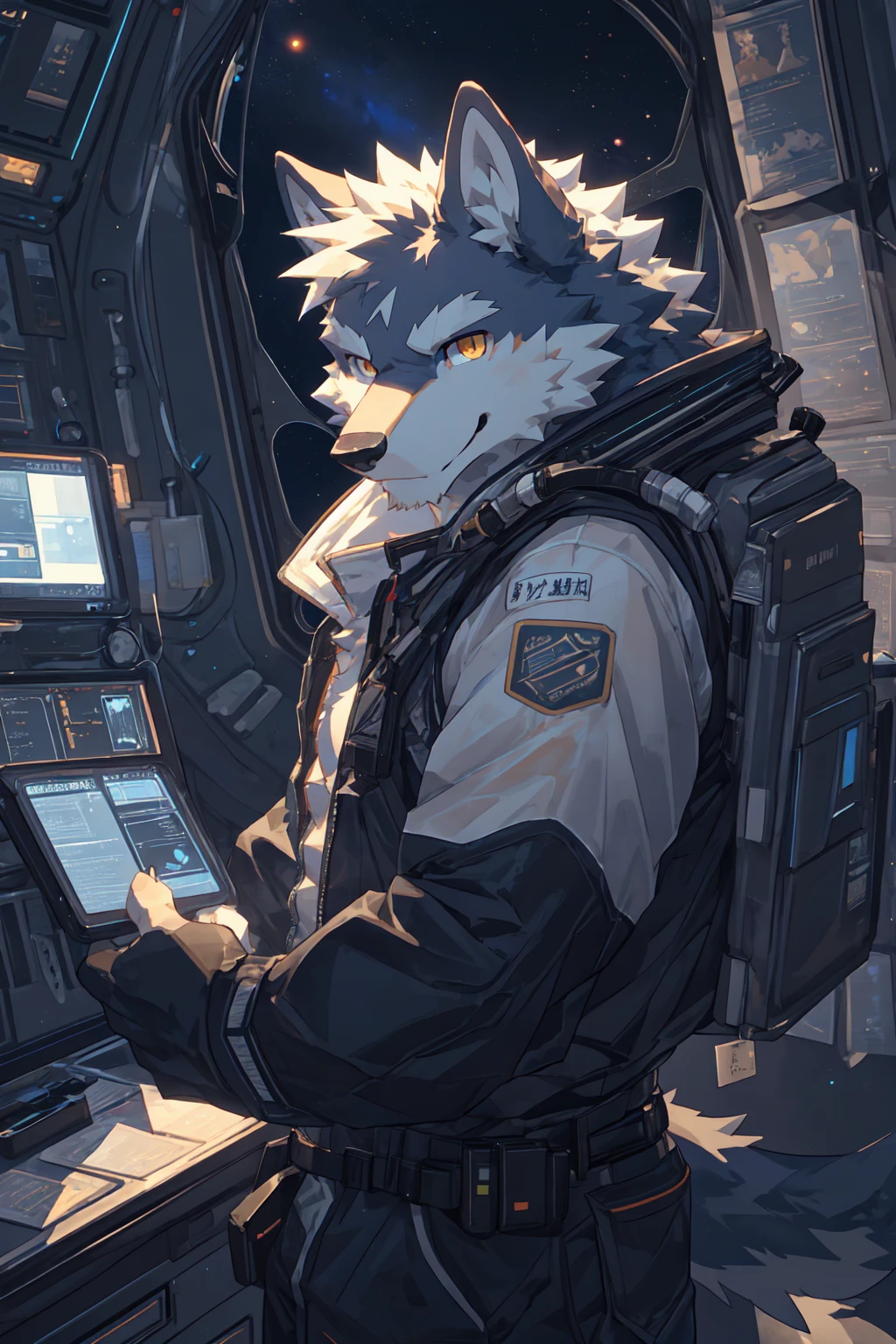 Best quality, Professional, Vivid Colors, Cinematic light, wolf, Muscular male, kemono, by zixiong, Solo, grey Fur, white body, golden eyes, pectorals, (detailed face, detailed eyes:1.5), looking at viewer, smart casual, workwear spacesuit, besides space observation deck, smirking, seductive smile, full body, Ambient Light,