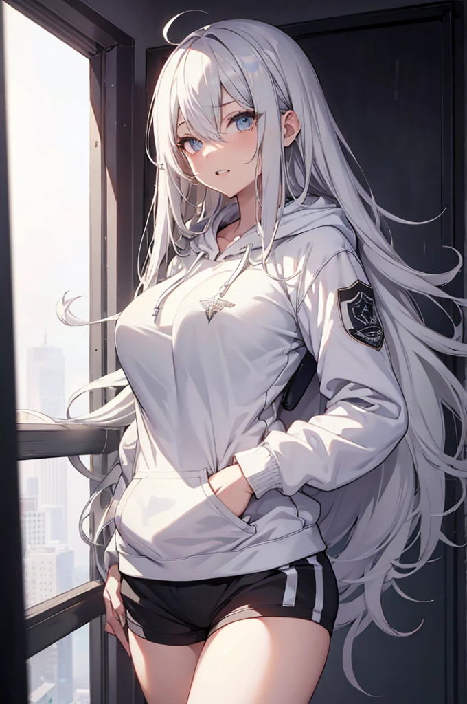 , Concept Art, white Background, simple Background, White hair, Silver gradient hair , Composite cloth, Virtual YouTuber, best quality, masterpiece, Dynamic Angle, , cowboy_shooting, Watching_Back, grab, girl,Miss,woman, young,20 years old, , Hair Flip, Silver Hair, Flowing hair, Ahog, giggle, Beautiful and delicate golden eyes, teeth, Large Breasts, Blonde eyes, White skin, hoodie, Black_shorts, Gray clothes, transparent_Background, Backlighting, absurd, high resolution, Extremely detailed,sweater,