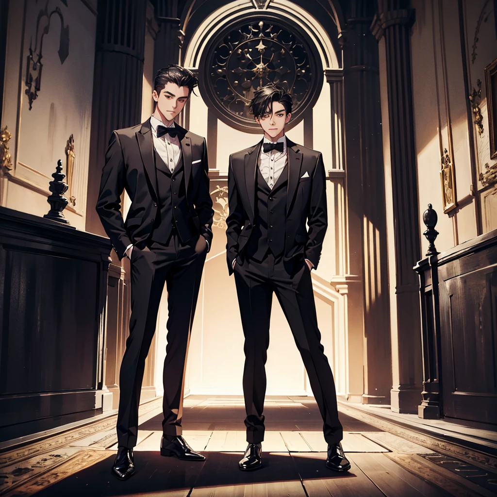 masterpiece , best quality , man , black suit, full body, standing, simple background,