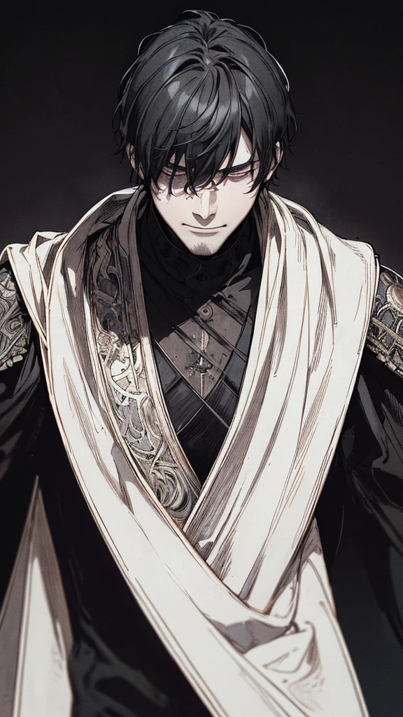 Best quality, (background_detail), high_contrast, detail_original_illustration, warrior, muscular, villain face, armored, full_body, medieval, crease between eyes, young man, man in 20s, dark_stitch_landscape, (dramatic_lighting:1. 25), (shaded_background:1.2), black_hair, (short black hair:) 1.1 ), Large figure, Delicate face, Evil smile, Sharp eyes, Black background, (Black background:1.5), Beautiful line drawing, Black and white