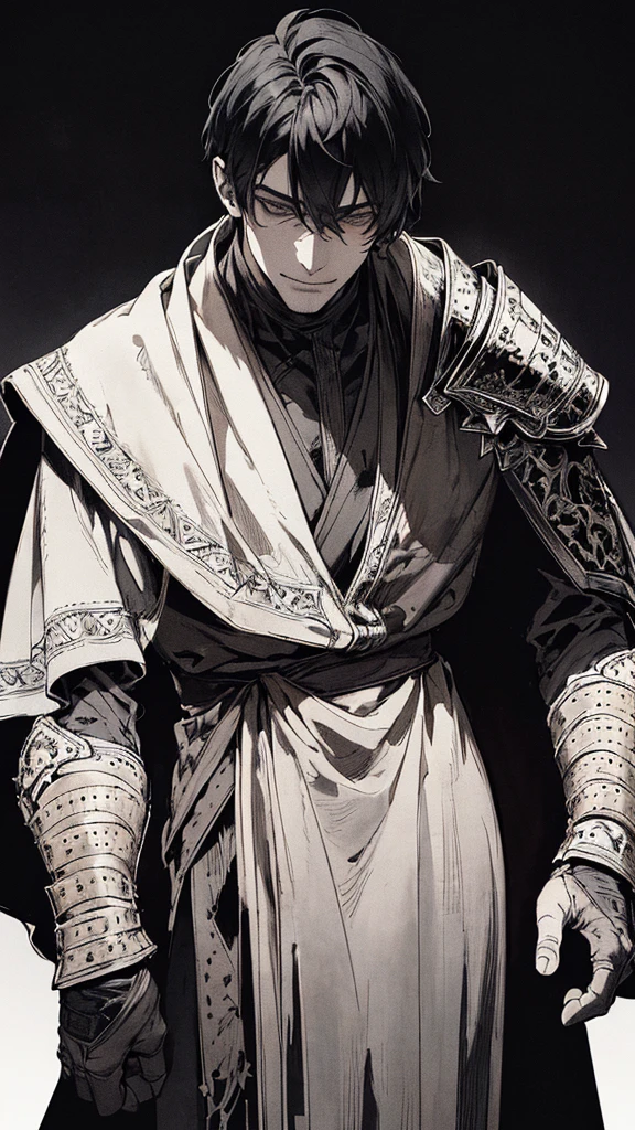 Best quality, (background_detail), high_contrast, detail_original_illustration, warrior, muscular, villain face, armored, full_body, medieval, crease between eyes, young man, man in 20s, dark_stitch_landscape, (dramatic_lighting:1. 25), (shaded_background:1.2), black_hair, (short black hair:) 1.1 ), Large figure, Delicate face, Evil smile, Sharp eyes, Black background, (Black background:1.5), Beautiful line drawing, Black and white