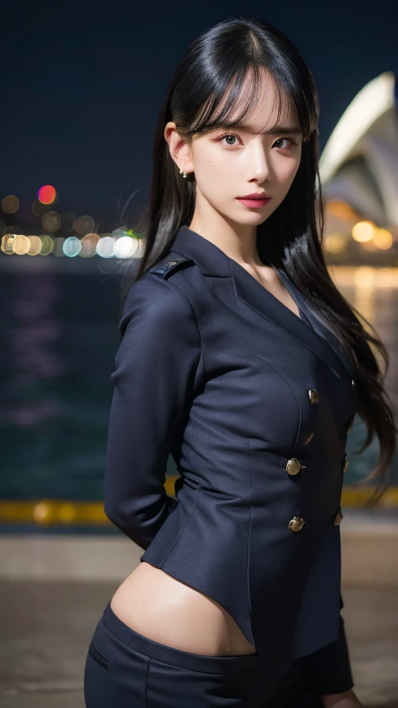 police uniform, small breast, pose, model pose, earring, sydney opera house, windy, hair flying, night, extremely detailed eyes, extremely detailed face, best quality, extremely detailed, one person, one girl, ultra-detailed, (realistic, photo-realistic:1.3)