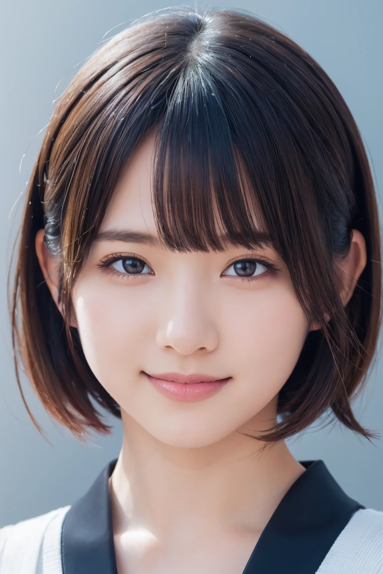 1 girl, (Wearing colorful stage costumes:1.2), Very beautiful Japanese idol portraits, Face close-up, (RAW Photos, highest quality), (Realistic, Realistic:1.4), (masterpiece), Very delicate and beautiful, Very detailed, 2k wallpaper, wonderful, finely, Very detailed CG Unity 8K wallpaper, Very detailed, High resolution, Soft Light, Beautiful detailed girl, Very detailed目と顔, Beautiful and sophisticated nose, Finely beautiful eyes, Cinema Lighting, (Simple light color background:1.3), (short hair), (Bob), Complete Anatomy, Slender body, Small breasts, smile