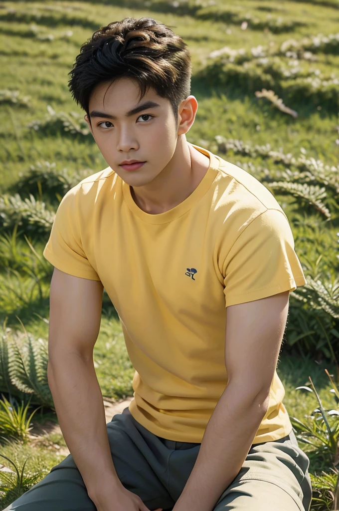 A handsome, muscular young Asian man looks at the camera. In a plain yellow t-shirt , Fieldside, grass, beach, sunlight