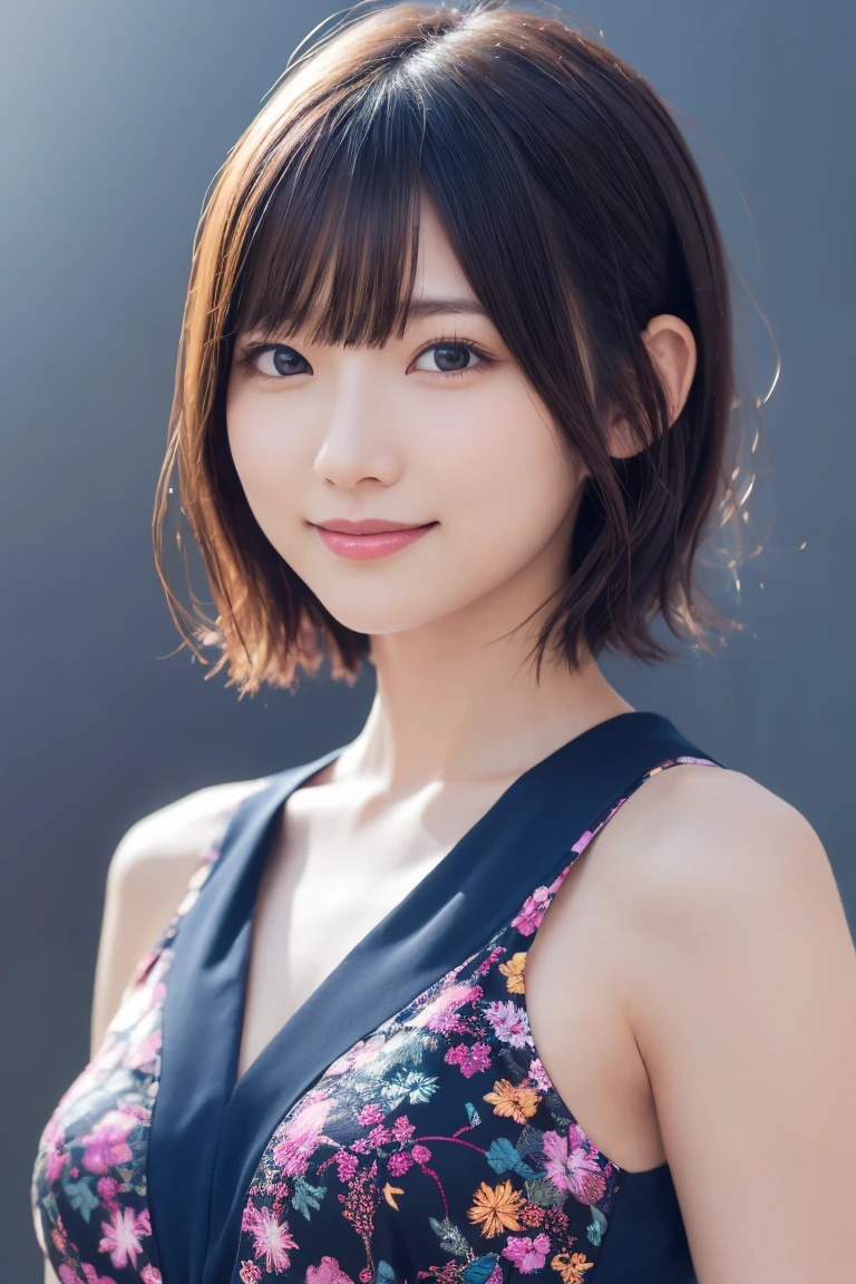 1 girl, (Wearing colorful stage costumes:1.2), Very beautiful Japanese idol portraits, Face close-up, (RAW Photos, highest quality), (Realistic, Realistic:1.4), (masterpiece), Very delicate and beautiful, Very detailed, 2k wallpaper, wonderful, finely, Very detailed CG Unity 8K wallpaper, Very detailed, High resolution, Soft Light, Beautiful detailed girl, Very detailed目と顔, Beautiful and sophisticated nose, Finely beautiful eyes, Cinema Lighting, (Simple light color background:1.3), (short hair), (Bob), Complete Anatomy, Slender body, Small breasts, smile
