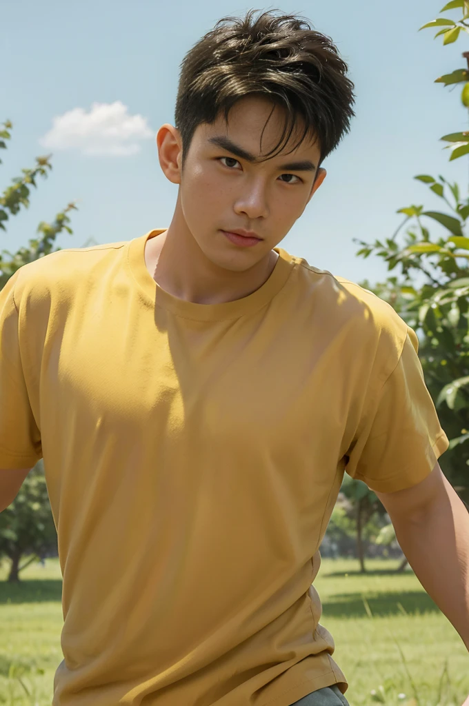 A handsome, muscular young Asian man looks at the camera. In a plain yellow t-shirt , Fieldside, grass, beach, sunlight