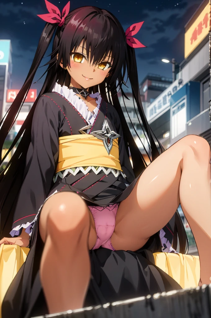 1girl, aster nemesis, dark-skinned female, black hair, very long hair, yellow eyes, flat chest kimono, obi, ribbon, twin tails, looking at viewer, outdoors, city, night, smile, ,sitting on ground,,nsfw,lace panties,,from below