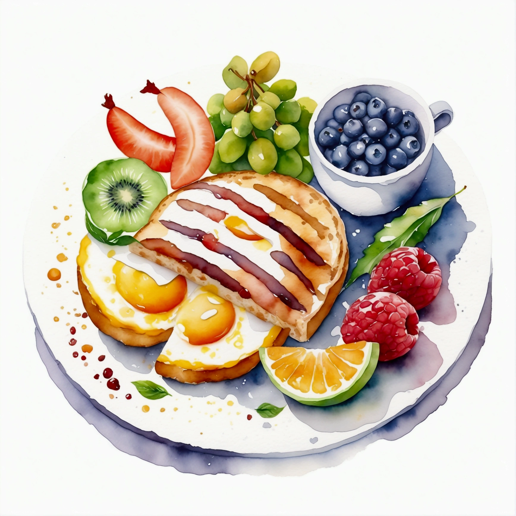 a very clean image painting of a healthy breakfast meal, ((watercolor)), solid white background, center composition, negative space around the object, washed out color, detailed masterpiece, loose drawing, clipart, vector art, illustration