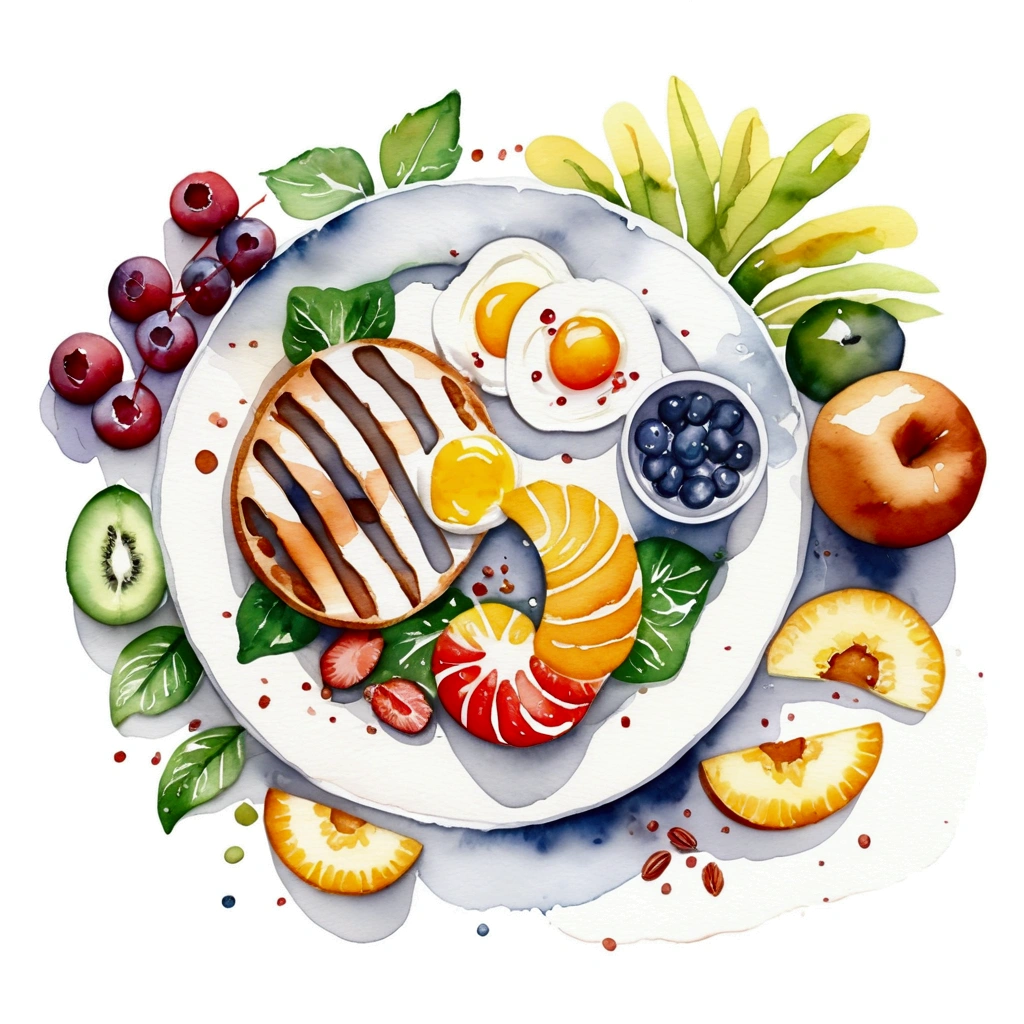 a very clean image painting of a healthy breakfast meal, ((watercolor)), solid white background, center composition, negative space around the object, washed out color, detailed masterpiece, loose drawing, clipart, vector art, illustration