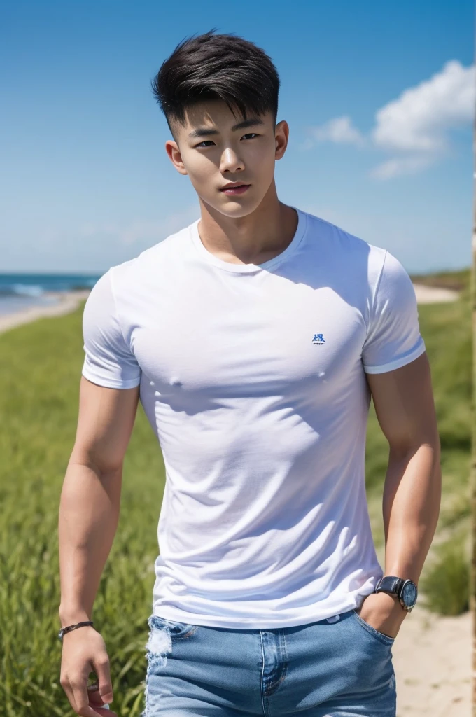 Young Korean man in a white t-shirt and jeans, A handsome, muscular young Asian man looks at the camera. In a simple blue t-shirt , Fieldside, grass, beach, sunlight