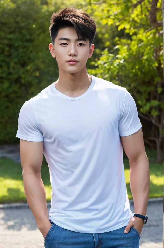 Young Korean man in a white t-shirt and jeans, A handsome, muscular young Asian man looks at the camera. In a simple blue t-shirt , Fieldside, grass, beach, sunlight