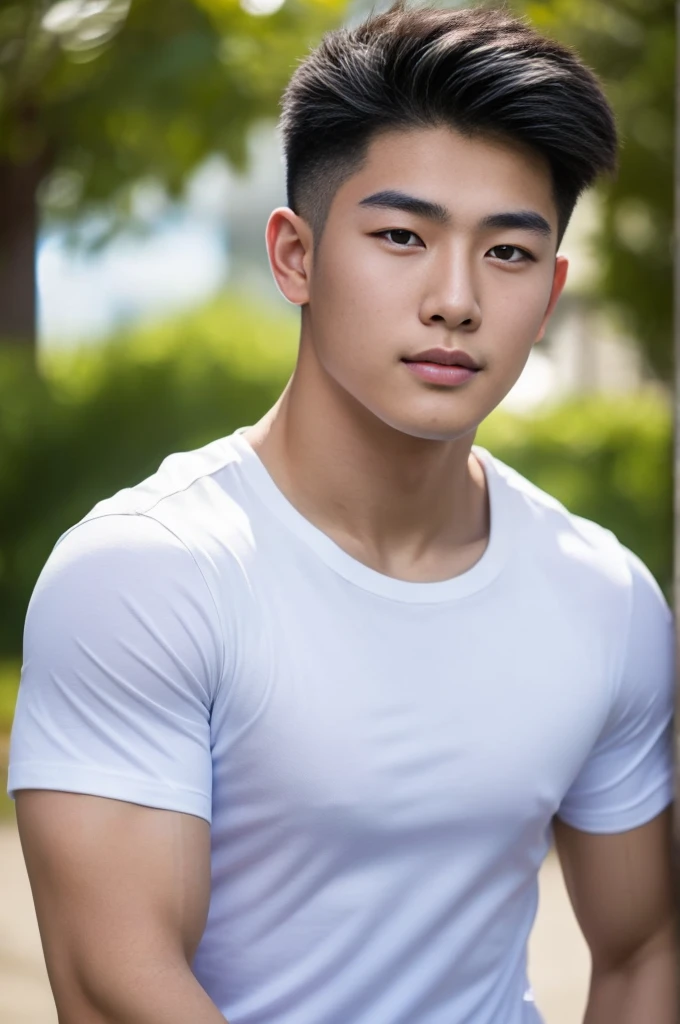 Young Korean man in a white t-shirt and jeans, A handsome, muscular young Asian man looks at the camera. In a simple blue t-shirt , Fieldside, grass, beach, sunlight