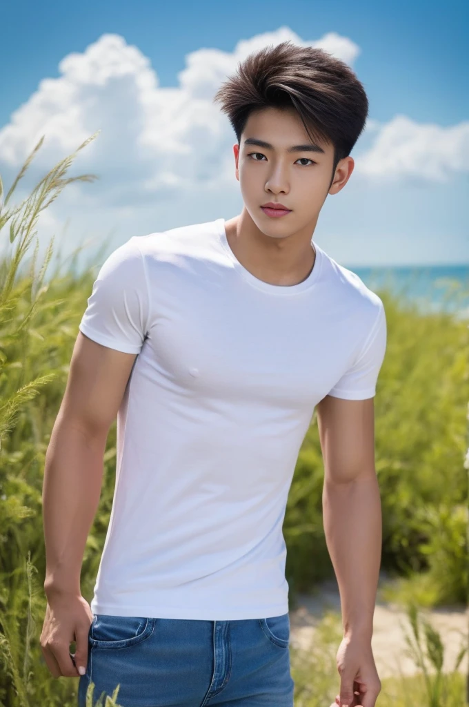 Young Korean man in a white t-shirt and jeans, A handsome, muscular young Asian man looks at the camera. In a simple blue t-shirt , Fieldside, grass, beach, sunlight