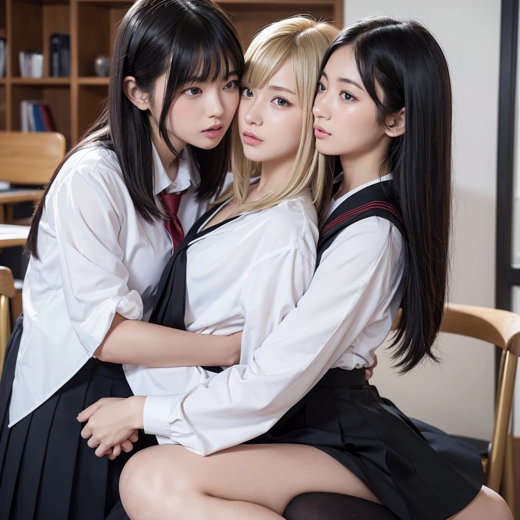nsfw,（A blonde short-haired female student and a long black-haired female student:1.2）,（Blonde wolf cut:1.2）、（Smooth long black hair:1.2）（The serious schoolgirl has long, straight black hair.:1.2）,（Gal has short blonde hair,Gold and red mesh）,（Gazing at each other passionately）,（Overlapping lips）,（Tongue entangled）,（Fuller lips）,（Deep Kiss:1.2),（Female students in blazers and sailor suits),（A blonde schoolgirl hugs a black-haired schoolgirl）,(whole body,Two people embracing each other),（Touching each other&#39;s bodies）、A blonde  hugs a black-haired schoolgirl（Girl sitting on chair）、(RAW Photos, Highest quality), (Realistic, Realistic:2.4), Very delicate and beautiful,Japanese women,Pretty girl,Hugging hard,Two people hugging each other,Highly detailed CG Unity, High resolution, Soft Light, Beautiful details, Highly detailed eyes and face, Beautiful and sophisticated nose,classroom,School,