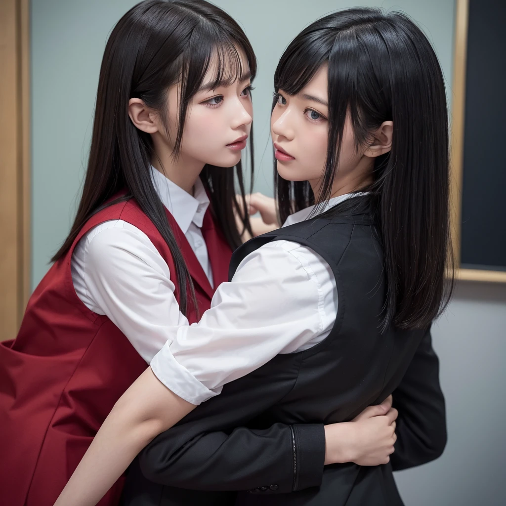 nsfw,(A blonde short-haired female student and a long black-haired female student:1.2),(Blonde wolf cut:1.2)、(Smooth long black hair:1.2)(The serious schoolgirl has long, straight black hair.:1.2),(Gal has short blonde hair,Gold and red mesh),(Gazing at each other passionately),(Overlapping lips),(Tongue entangled),(Fuller lips),(Deep Kiss:1.2),(Female students in blazers and sailor suits),(A blonde schoolgirl hugs a black-haired schoolgirl),(whole body,Two people embracing each other),(Touching each other's bodies)、A blonde hugs a black-haired schoolgirl(Girl sitting on chair)、(RAW Photos, Highest quality), (Realistic, Realistic:2.4), Very delicate and beautiful,Japanese women,Pretty girl,Hugging hard,Two people hugging each other,Highly detailed CG Unity, High resolution, Soft Light, Beautiful details, Highly detailed eyes and face, Beautiful and sophisticated nose,classroom,School,