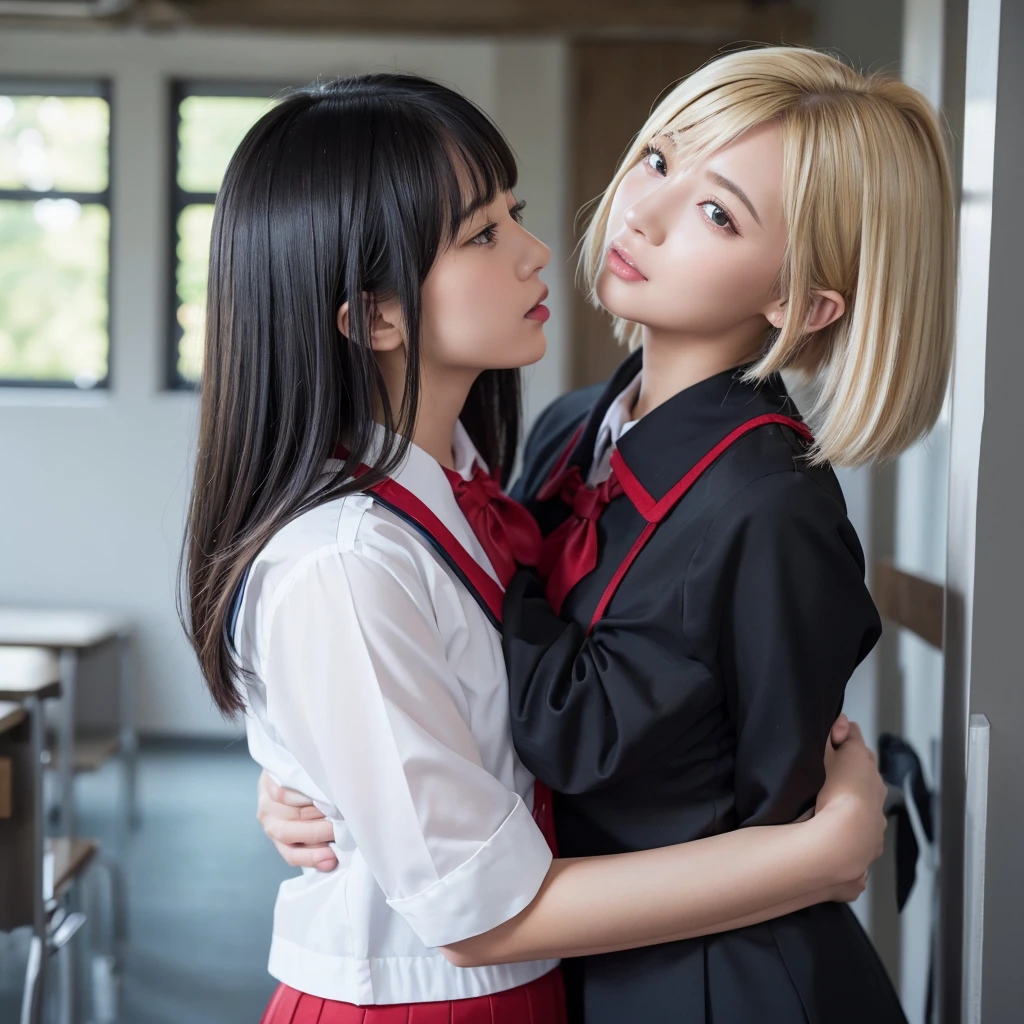 nsfw,（A blonde short-haired female student and a long black-haired female student:1.2）,（Blonde wolf cut:1.2）、（Smooth long black hair:1.2）（The serious schoolgirl has long, straight black hair.:1.2）,（Gal has short blonde hair,Gold and red mesh）,（Gazing at each other passionately）,（Overlapping lips）,（Tongue entangled）,（Fuller lips）,（Deep Kiss:1.2),（Female students in blazers and sailor suits),（A blonde schoolgirl hugs a black-haired schoolgirl）,(whole body,Two people embracing each other),（Touching each other&#39;s bodies）、A blonde  hugs a black-haired schoolgirl（Girl sitting on chair）、(RAW Photos, Highest quality), (Realistic, Realistic:2.4), Very delicate and beautiful,Japanese women,Pretty girl,Hugging hard,Two people hugging each other,Highly detailed CG Unity, High resolution, Soft Light, Beautiful details, Highly detailed eyes and face, Beautiful and sophisticated nose,classroom,School,