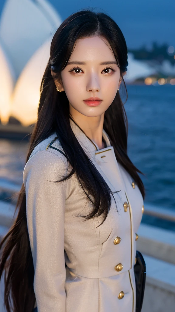 military uniform, small breast, sexy pose, model pose, earring, sydney opera house, windy, hair flying, night, extremely detailed eyes, extremely detailed face, best quality, extremely detailed, one person, one girl, ultra-detailed, (realistic, photo-realistic:1.3)