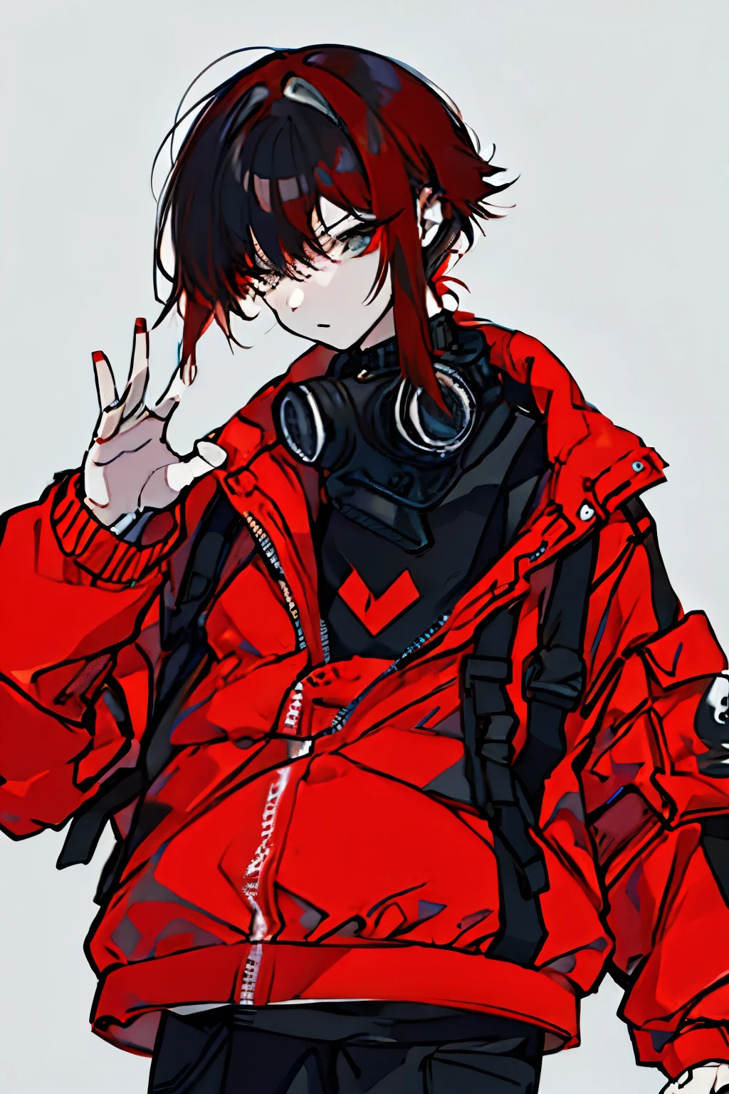  1guy, street fashion, red jacket, fashionable, black and red hair. Small bandagesn bandage on nose. Hair comb back messily. Graffiti artist. Mouth rebreather mask. Perfect porportions. Best quality. Light colored background. Cool. Athletic.