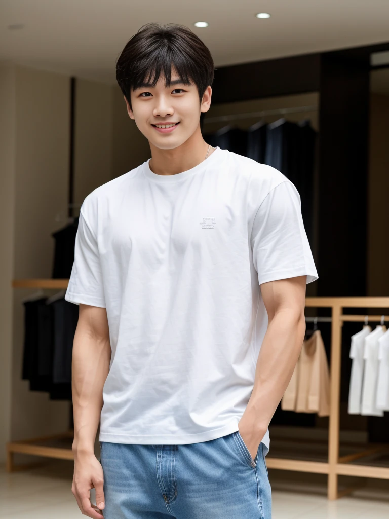 独奏: 1.5, (As a matter of fact, Masterpiece, 8k HD, good light quality, sportswear, fit the face, complicated details), A handsome Korean young man with muscular arms. , 20 years old, be happy, smile brightly, detailed face, delicate eyes, look at the sky, Wear a tight white t-shirt.:1.6 ,Wear a denim coat., jeans period, black eyes, Black hair color, ผมsmooth, smooth，Surreal，Awesome details，Highest quality，real，Open your mouth to talk. , Close your eyes., (standing in department store:1.5)