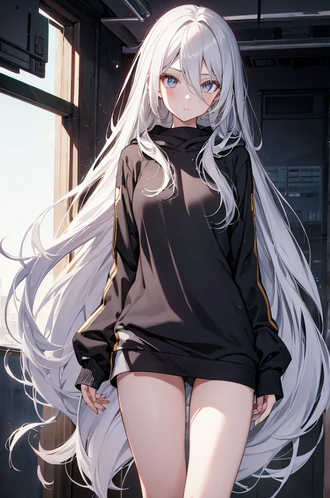 1girl, {Solitary}, Upper Body ,{{ {Watching at viewer}}}, Arms at your sides, Concept Art, white Background, simple Background, White hair, Silver gradient hair , Composite cloth, Asymmetrical clothes, Virtual YouTuber, best quality, masterpiece, Dynamic Angle, , cowboy_shooting, Watching_Back, grab, girl,Miss,woman, young,20 years old, Very long hair, Hair Flip, Silver Hair, Flowing hair, Ahog, giggle, Beautiful and delicate golden eyes, teeth, Large Breasts, Blonde eyes, White skin, hoodie, Black_shorts, Gray clothes, transparent_Background, Backlighting, absurd, high resolution, Extremely detailed,sweater,Face to face,Tight Fit