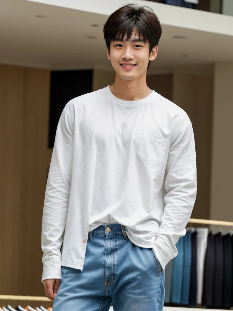 独奏: 1.5, (As a matter of fact, Masterpiece, 8k HD, good light quality, sportswear, fit the face, complicated details), A handsome Korean young man with muscular arms. , 20 years old, be happy, smile brightly, detailed face, delicate eyes, look at the sky, Wear a tight white t-shirt.:1.6 ,Wear a denim coat., jeans period, black eyes, Black hair color, ผมsmooth, smooth,Surreal,Awesome details,Highest quality,real,Open your mouth to talk. , Close your eyes., (standing in department store:1.5)