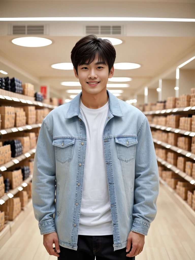 独奏: 1.5, (As a matter of fact, Masterpiece, 8k HD, good light quality, sportswear, fit the face, complicated details), A handsome Korean young man with muscular arms. , 20 years old, be happy, smile brightly, detailed face, delicate eyes, look at the sky, Wear a tight white t-shirt.:1.6 ,Wear a denim coat., jeans period, black eyes, Black hair color, ผมsmooth, smooth，Surreal，Awesome details，Highest quality，real，Open your mouth to talk. , Close your eyes., (standing in department store:1.5)