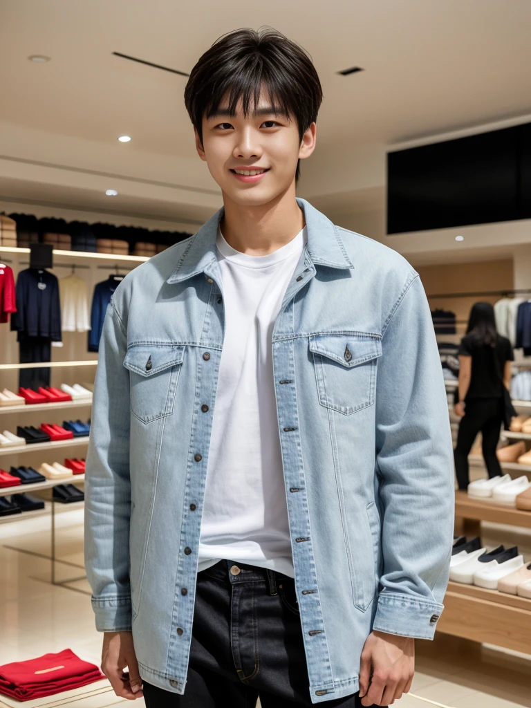 独奏: 1.5, (As a matter of fact, Masterpiece, 8k HD, good light quality, sportswear, fit the face, complicated details), A handsome Korean young man with muscular arms. , 20 years old, be happy, smile brightly, detailed face, delicate eyes, look at the sky, Wear a tight white t-shirt.:1.6 ,Wear a denim coat., jeans period, black eyes, Black hair color, ผมsmooth, smooth,Surreal,Awesome details,Highest quality,real,Open your mouth to talk. , Close your eyes., (standing in department store:1.5)