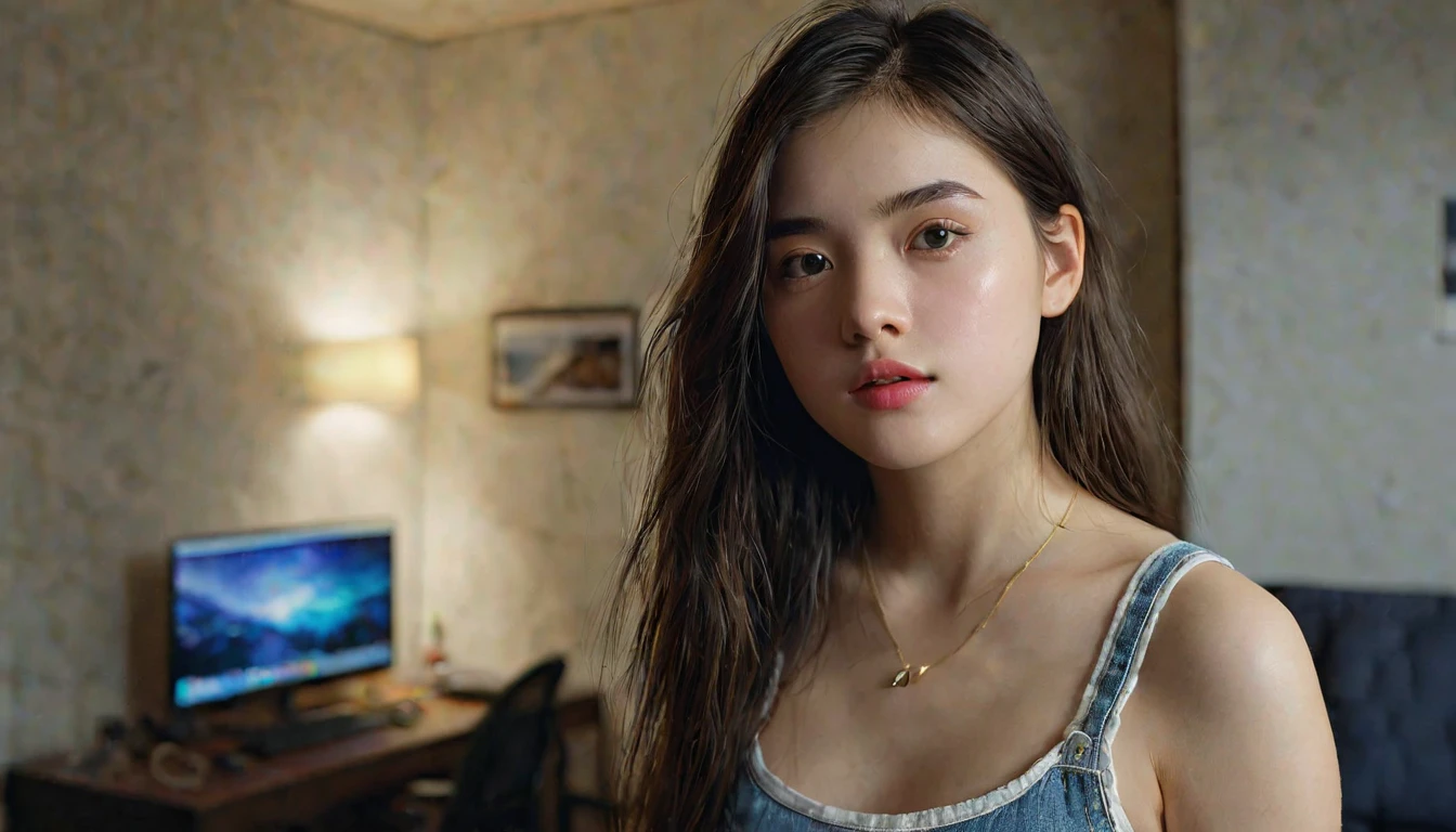 (best quality, masterpiece, ultra detailed, ultra high res, photorealistic, raw photo, absurdres, absolutely resolution), 1 girl, 20 years old, (dim room:1.2), (long shot)
