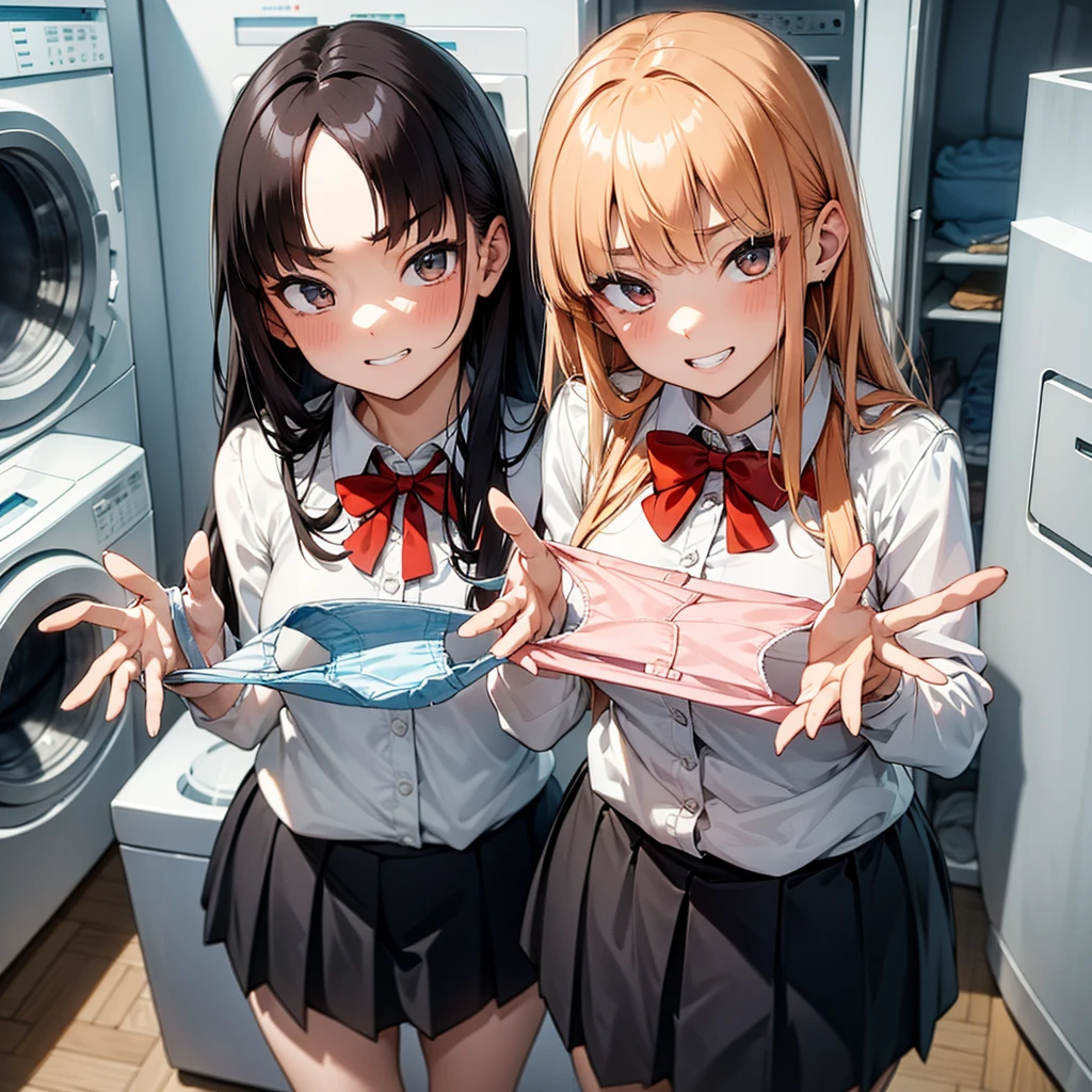 One girl,
Laundry room,washing machine, Laundry basket, a few underwears are in a Laundry basket,
hair,Color Hair Color, Small breasts、blush, bow, Red Bow, Long sleeve, shirt, Collared shirt, skirt, Pleated skirt, black skirt, Small breasts,
{{{Face close-up}}},Upper Body,,Pay attention to the panties,Quality underwear,
Looking down,View your viewers,
Panties as a gift,
Tabletop, highest quality, , absurdes, Perfect Skin, Detailed skin texture, Ultra-detailed, 8K, Intricate details, Beautifully detailed face,High resolution,
 {{{Shadowed face}}}, mock, {{{Grit your teeth:1.2}}}, Grin, smile, Looking down at viewers, masterpiece,absurdes, Beautiful detailed face when viewed from the front,