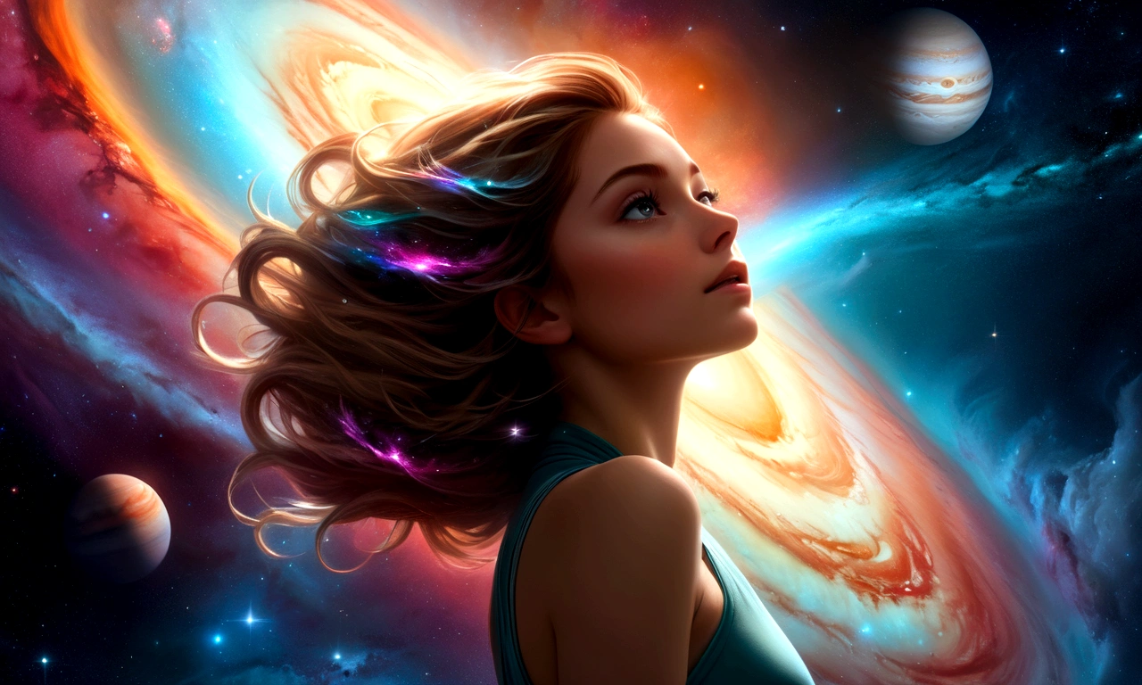 a girl against the backdrop of Jupiter emerging from nebulae in outer space and rising above the horizon,(Best quality,4K,8 k,A high resolution,masterpiece:1.2),ultra detailed,(realistic,photorealistic,photo-realistic:1.37),fabulous nebulae,majestic,, emerging from colorful and swirling nebulae in the depths of outer space.. Her beautiful form glows with bright colors and is surrounded by wisps of stardust... , emitting a soft glow, rising into the heavens. Rays of light pierce the cosmic atmosphere, creating a mesmerizing spectacle of cosmic beauty. The whole stage is shrouded in a surreal and unearthly atmosphere, Colors change and blend harmoniously., creating a captivating palette of cosmic shades. Lighting highlights the shape of titanium., highlighting every intricate detail and creating a sense of depth and dimension. The interaction of light and shadow further enhances the realism and depth of the composition..
