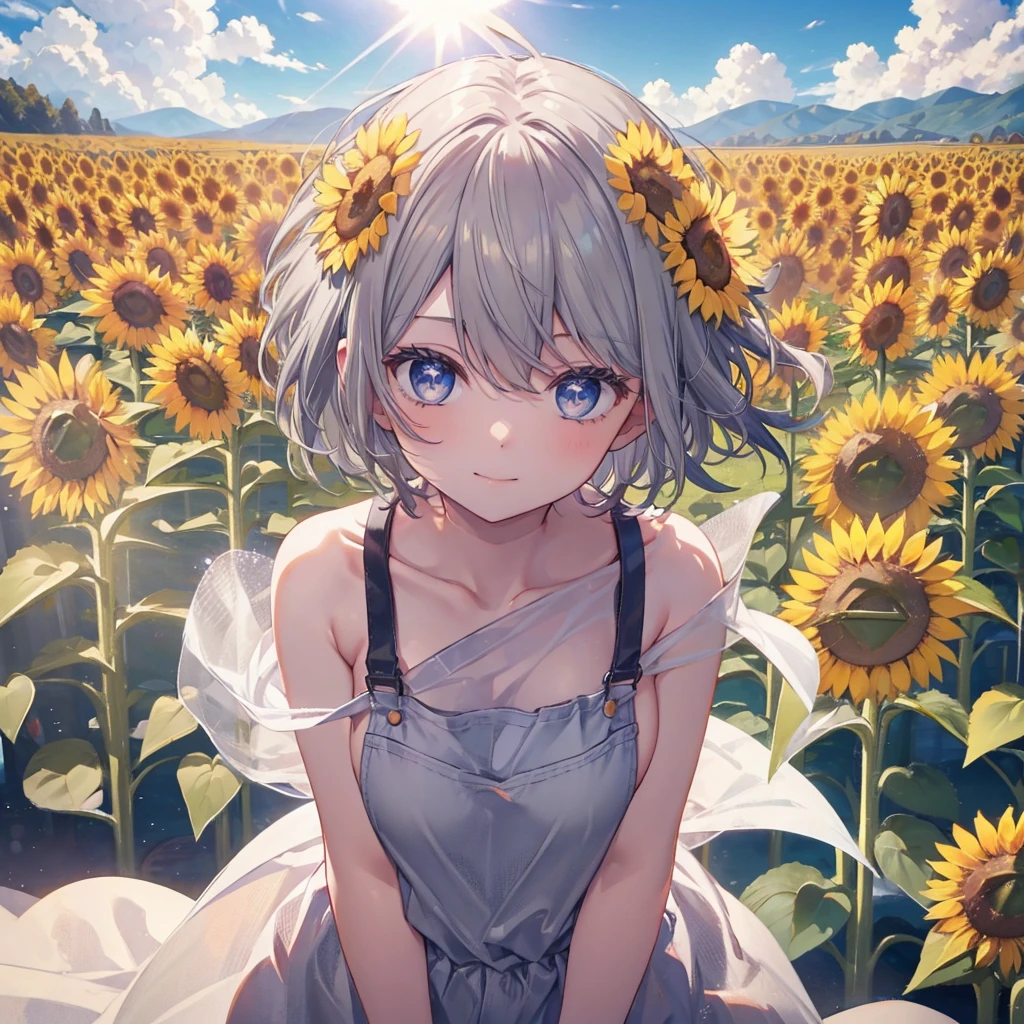 ((((全naked Sunflower field)))) (((Gray Hair short hair blue eyes woman Overall image))),((sunlight sun cloud)),(nude naked smile), Showing teeth Shining Background Shining Edges