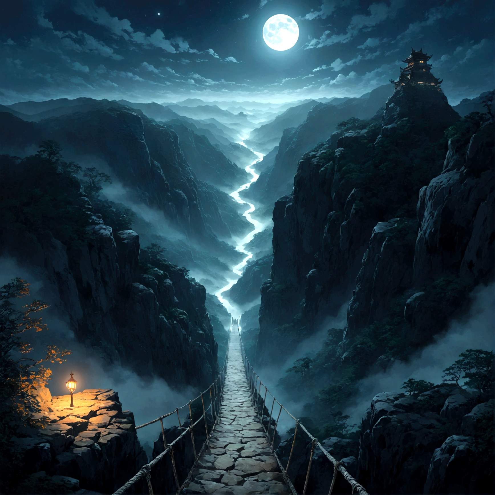 Beautiful game world, Fantasy, Furai no Shiren, Naraku Gorge, Dungeons, First Person View, night, full moon, moonlight, Rugged rock face, fog, Collapsed suspension bridge, 足元のanxiety定な足場, Silence, The owl&#39;s hoarse, The howling of a wolf can be heard in the distance, Overlooking a deep valley, Endless cliffs, The faintly visible road ahead, Unknown world, anxiety, fear, nervous, Expectations