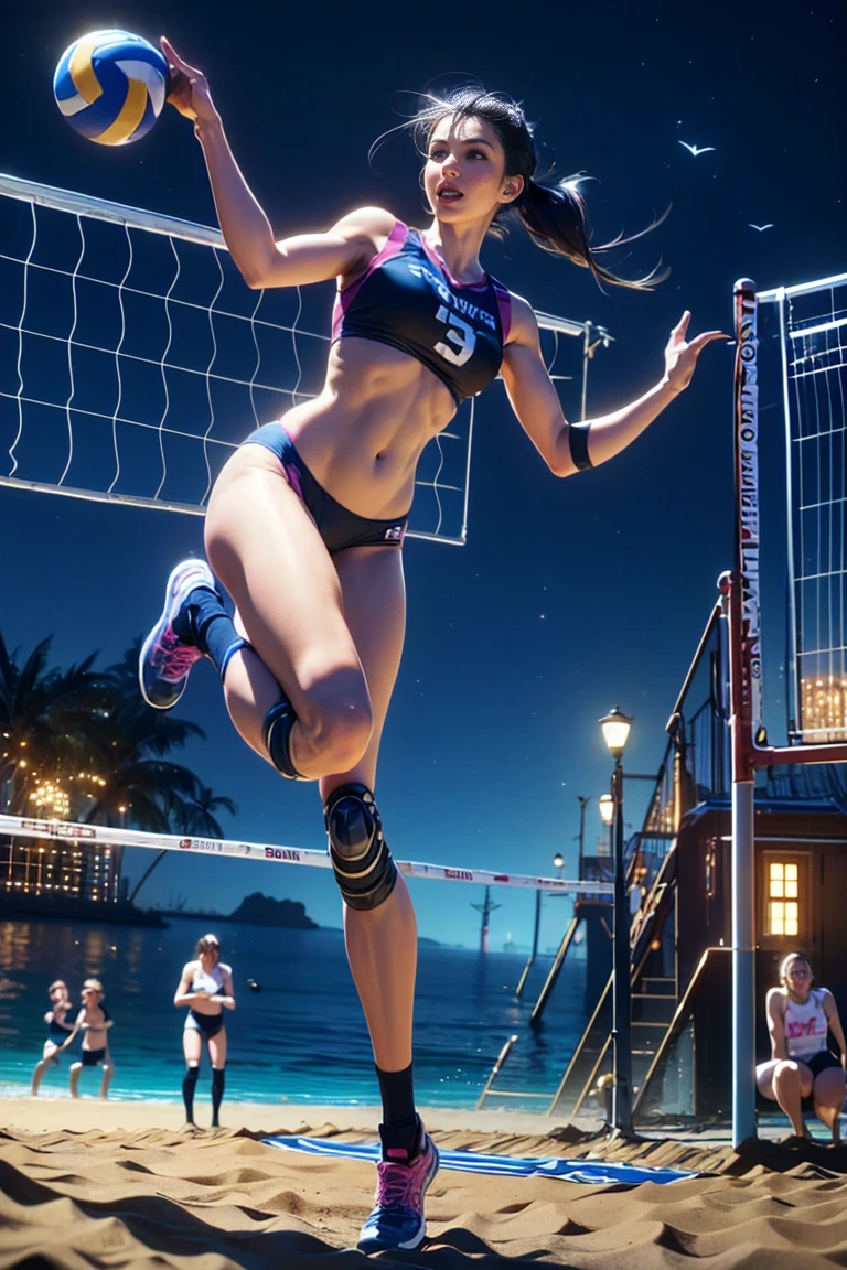 top quality, future world, State-of-the-art robot, Beautiful Woman is jumping, looking at the volleyball, hand up and ready to hit the volleyball, flying hair, Transformed into a cyborg except for the face, sexy images, whole body photo, ((Beach Volleyball, volleyball, sands, strike the volleyball, place the feet together, night ))