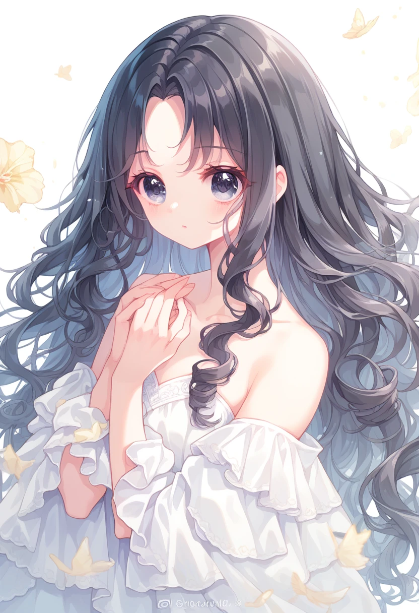 Super detailed,(Highest quality),((masterpiece)),(High resolution),original,Highly detailed 8k wallpaper,(Very delicate and beautiful),Highest_hand,anime,Black Hair,Long Hair,Parting her bangs,Center parted bangs,Softly curled hair,流行のcute女の子,black eye,Black bare-chested clothing,cute,Upper body only,Beautiful pupils,White background