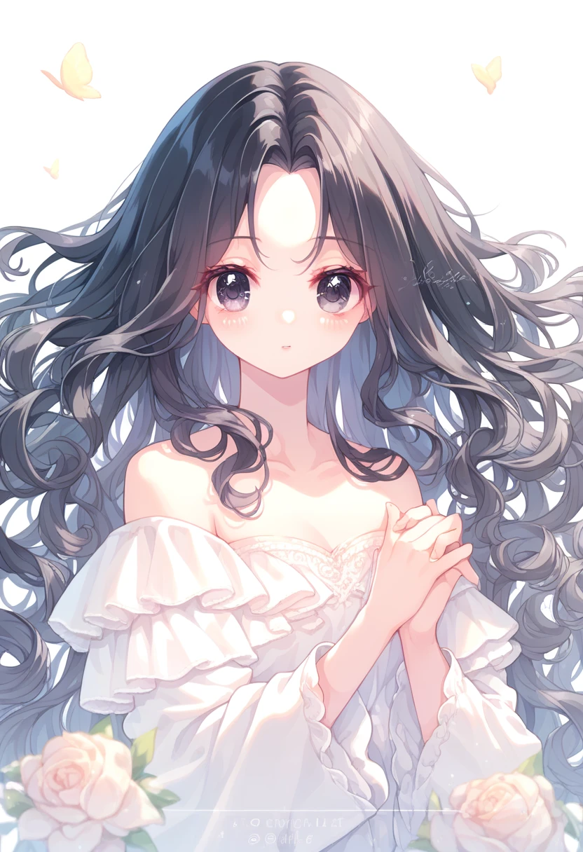 Super detailed,(Highest quality),((masterpiece)),(High resolution),original,Highly detailed 8k wallpaper,(Very delicate and beautiful),Highest_hand,anime,Black Hair,Long Hair,Parting her bangs,Center parted bangs,Softly curled hair,流行のcute女の子,black eye,Black bare-chested clothing,cute,Upper body only,Beautiful pupils,White background