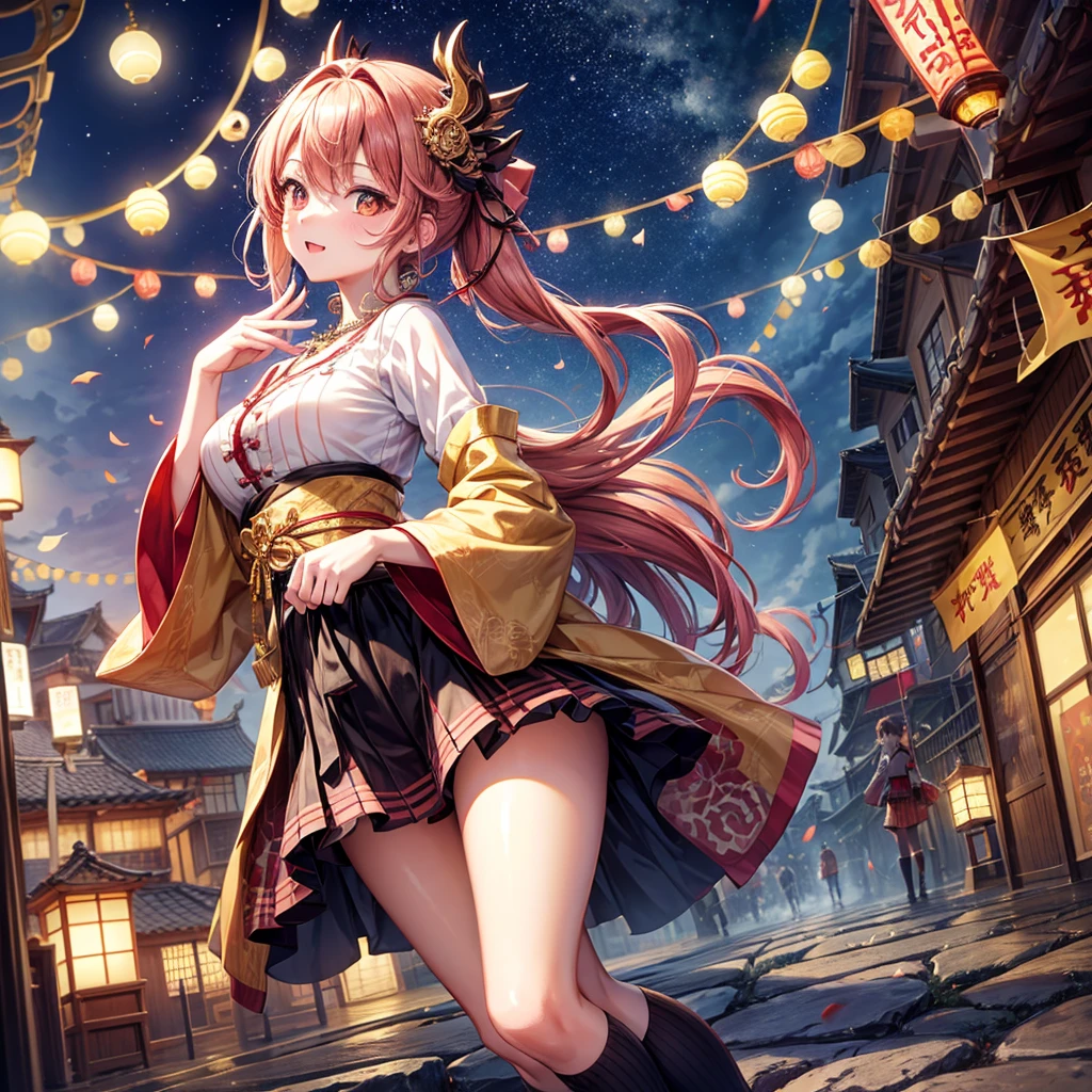 Pink, red, brown, gold, gold hair、Red gold eyes、Hair tied up、One good looking girl、solo、anime、Checkered mini skirt、Ruffles on the skirt、Checked dress、blouse、Kimono、Black knee-high socks、Ribbon、Ribbon on waist、Teeth are visible、Sparkly Necklace、From above、Cobblestones、waterfall、Starry Sky、Midnight Moon、suspension bridge、beam、Standing still、Transparent、Dragon flying、goddess、Edo、Confetti、Kicking、Ancient City、Arranging stones