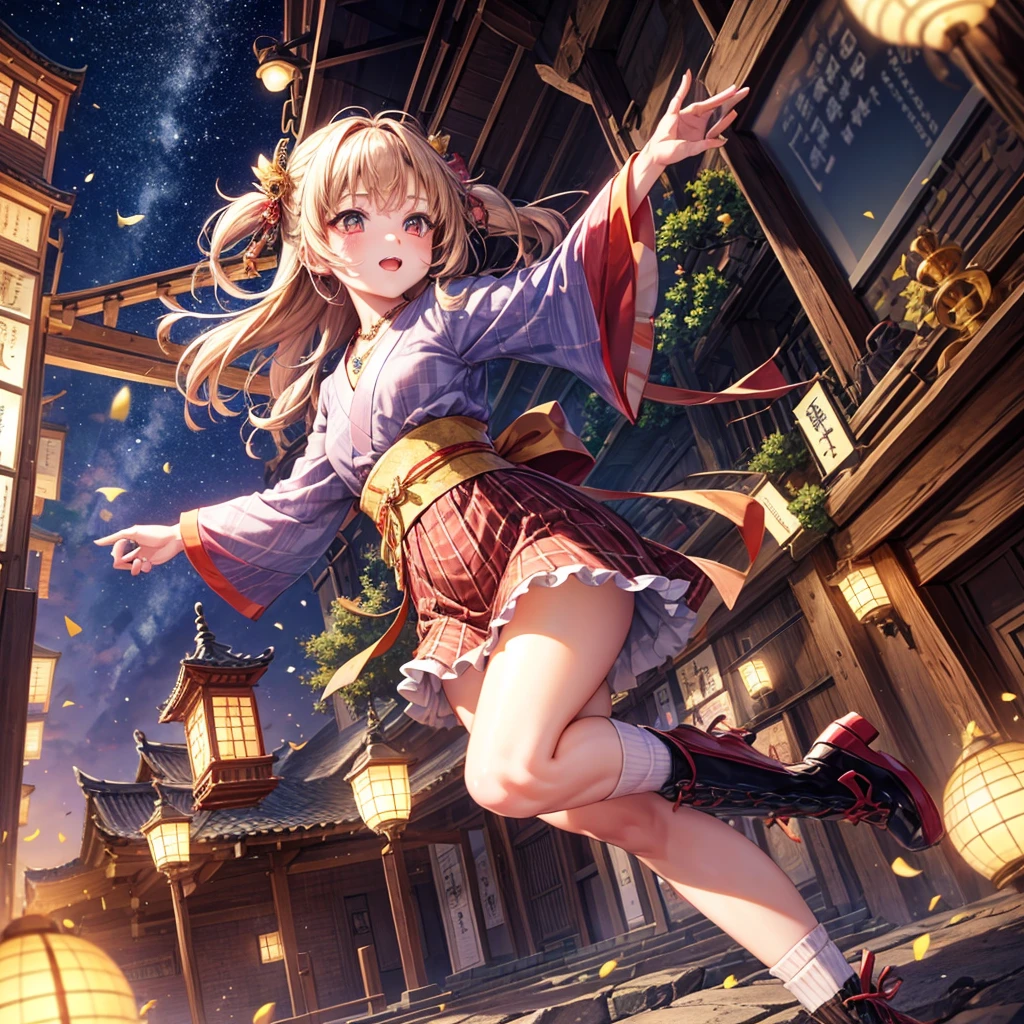 Pink, red, brown, gold, gold hair、Red gold eyes、Hair tied up、One good looking girl、solo、anime、Checkered mini skirt、Ruffles on the skirt、Checked dress、blouse、Kimono、Black knee-high socks、Ribbon、Ribbon on waist、Teeth are visible、Sparkly Necklace、From above、Cobblestones、waterfall、Starry Sky、Midnight Moon、suspension bridge、beam、Standing still、Transparent、Dragon flying、goddess、Edo、Confetti、Kicking、Ancient City、Arranging stones