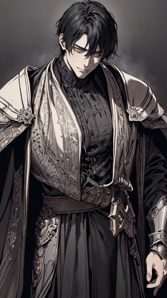 Best quality, (background_detail), high_contrast, detail_original_illustration, warrior, muscular, villain face, armored, full_body, medieval, crease between eyes, young man, man in 20s, dark_stitch_landscape, (dramatic_lighting:1. 25), (shaded_background:1.2), black_hair, (short black hair:) 1.1 ), Large figure, Delicate face, Evil smile, Sharp eyes, Black background, (Black background:1.5), Beautiful line drawing, Black and white
