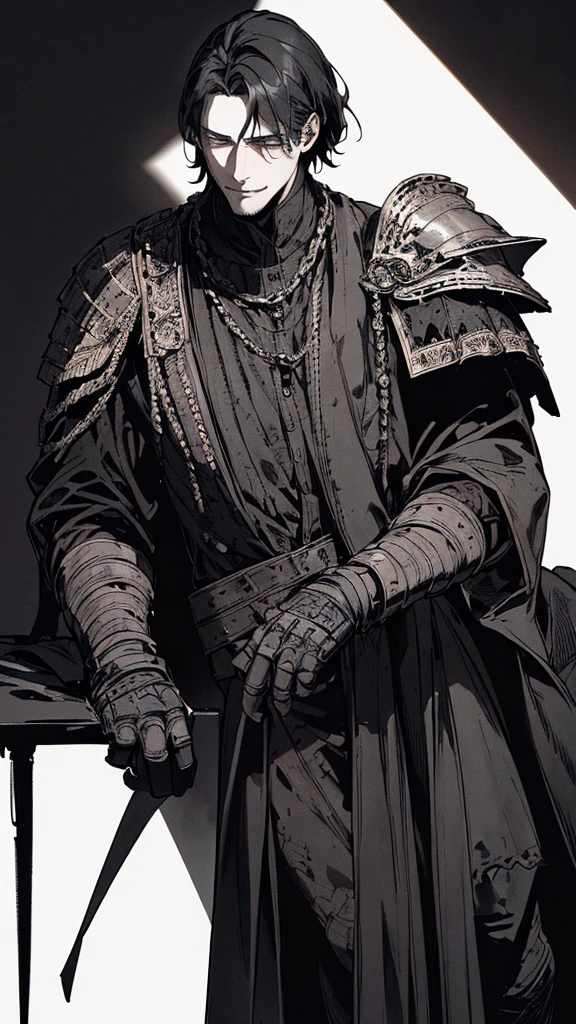 Best quality, (background_detail), high_contrast, detail_original_illustration, warrior, muscular, villain face, armored, full_body, medieval, crease between eyes, young man, man in 20s, dark_stitch_landscape, (dramatic_lighting:1. 25), (shaded_background:1.2), black_hair, (short black hair:) 1.1 ), Large figure, Delicate face, Evil smile, Sharp eyes, Black background, (Black background:1.5), Beautiful line drawing, Black and white
