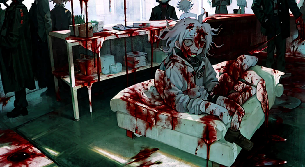 whaite hair，Red eyes，schoolboy，blood stain，Scalpel in hand，Doctor clothing，In the operating room，The psychopath smiles，mechanicalparts， terroral，background inside dark，unnerving