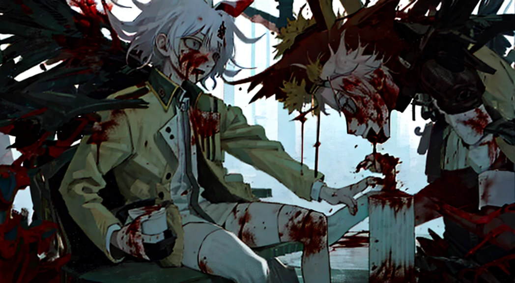 anime character with Blood dripping down his face and hands, gapmoe sick, gapmoe sick grimdark, sick, portrait gapmoe sick grimdark, danganronpa digital art, his eyes are, Bloody + concept art, Komaeda Nagito, guweiz, Kaneki Ken, [[Blood]]