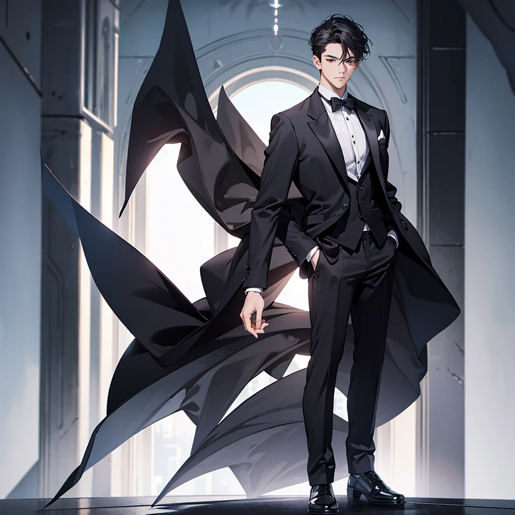 masterpiece, best quality, one man, black suit, full body, standing, simple background,